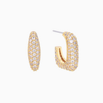 Gold pavé hoop earrings with 18K gold plating and cubic zirconia crystals, elegant open-hoop bridal jewelry for weddings, bridesmaids, and luxury occasions by sarah gauci malta