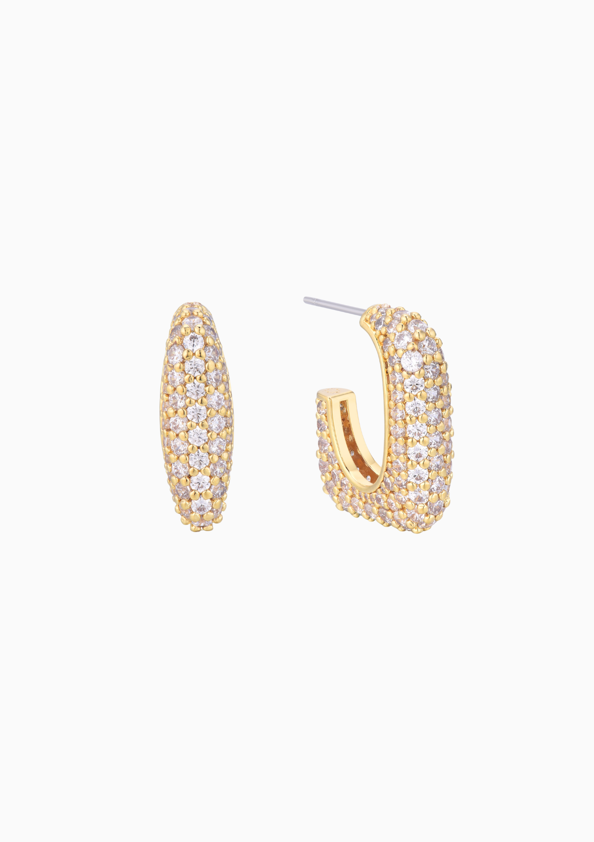 Gold pavé hoop earrings with 18K gold plating and cubic zirconia crystals, elegant open-hoop bridal jewelry for weddings, bridesmaids, and luxury occasions by sarah gauci malta